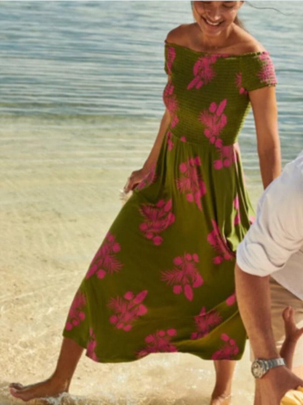 NWT Boden Angelica Smocked Midi Dress Pea Green Pink Jungle Bouquet Size 10